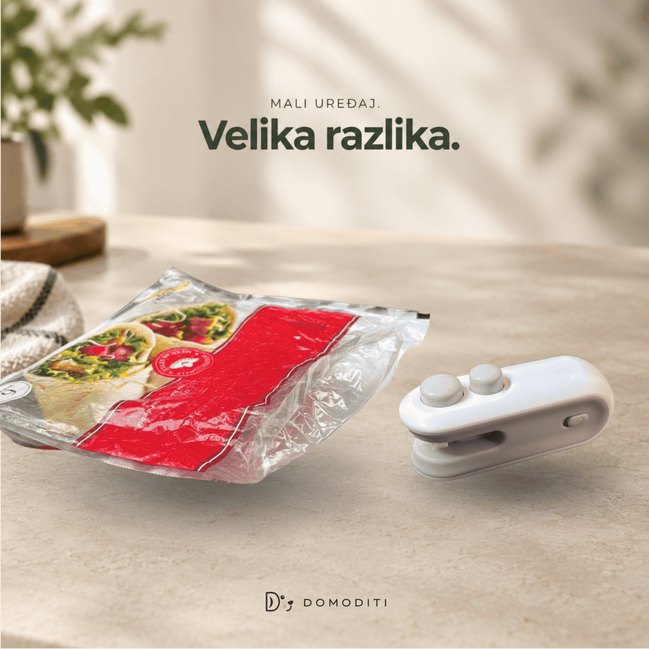 Prikaz uporabe zatvarača vrećica DOMODITI